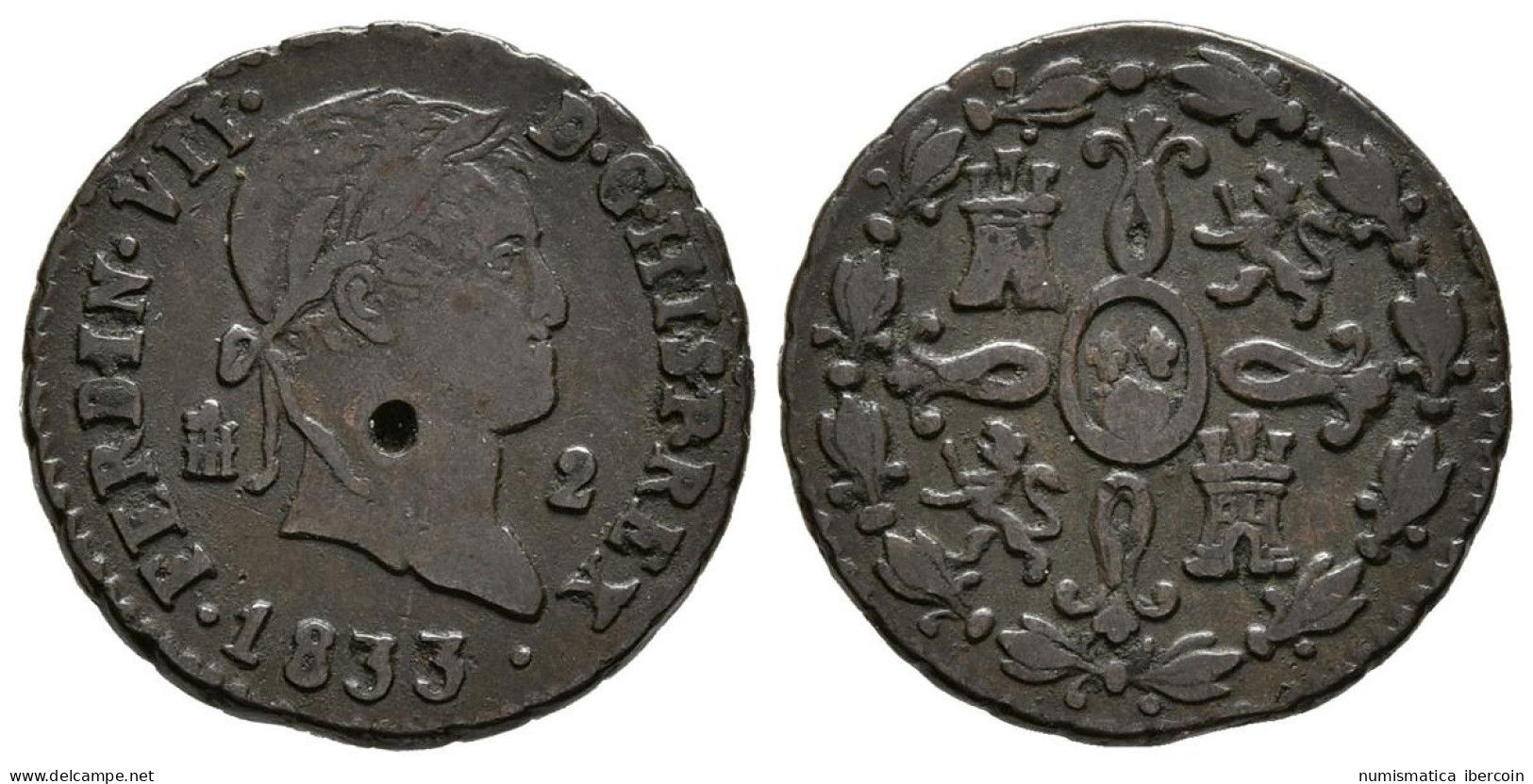 FERNANDO VII (1808-1833). 2 Maravedís (Cu.2,90g/19mm). 1833. Segovia. (Cal-2019 - Münzen Der Provinzen