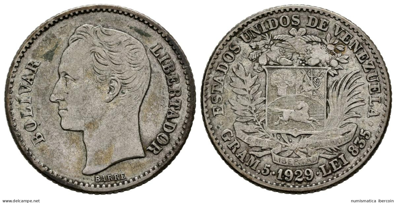 ESTADOS UNIDOS DE VENEZUELA. 1 Bolívar. (Ar. 4,99g/28mm). 1929. Philadelphia. ( - Autres & Non Classés