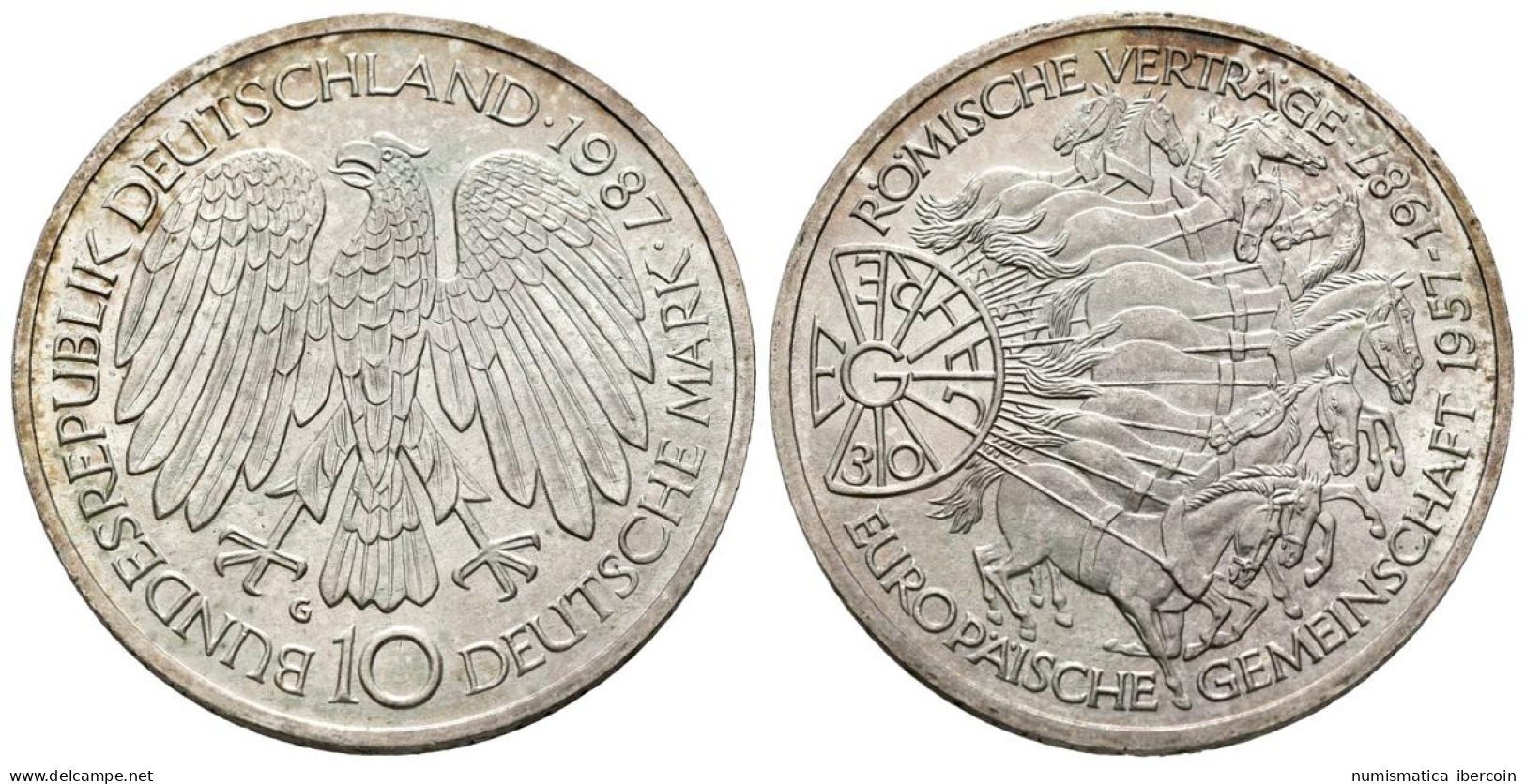 ALEMANIA. 10 Marcos (Ar. 15,54g/33mm). 1987. Karlsruhe G. 30 Aniversario De La  - Autres & Non Classés