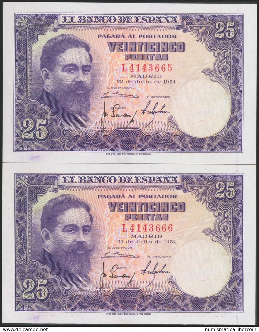 25 Pesetas. 22 De Julio De 1954. Pareja Correlativa. Serie L. (Edifil 2017: 467 - Other & Unclassified