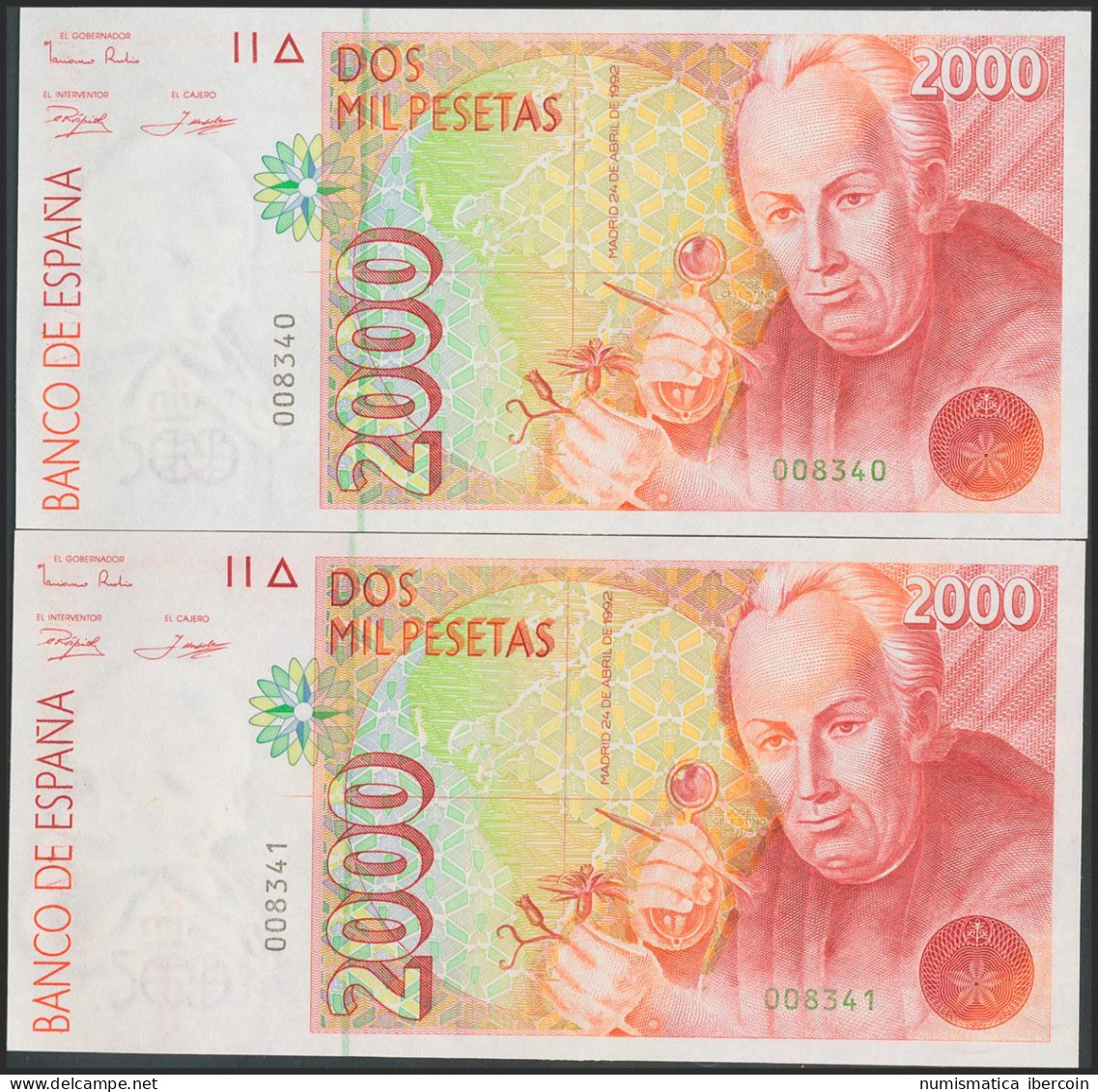 2000 Pesetas. 24 De Abril De 1992. Pareja Correlativa. Sin Serie Y Numeración B - Other & Unclassified