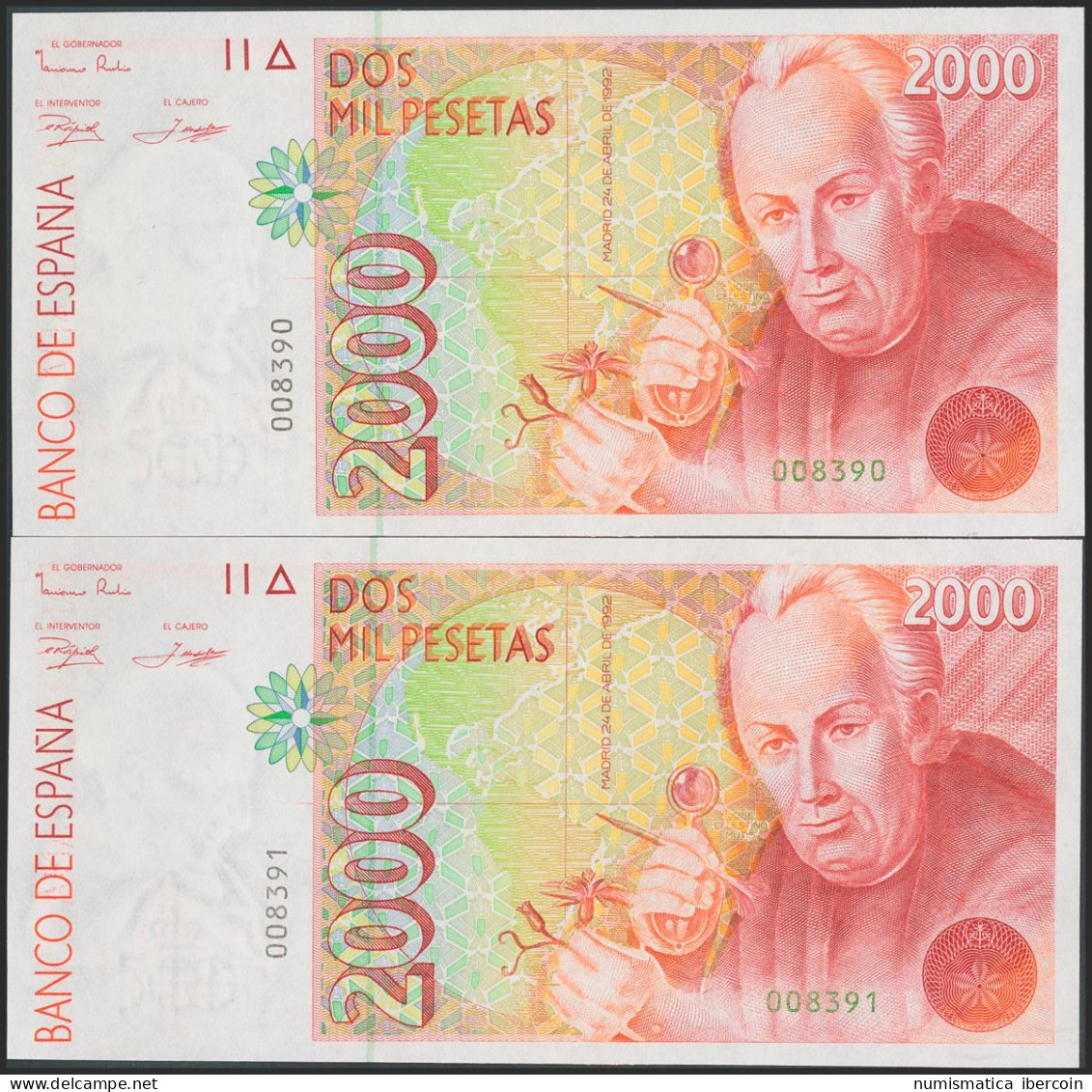 2000 Pesetas. 24 De Abril De 1992. Pareja Correlativa. Sin Serie Y Numeración B - Other & Unclassified