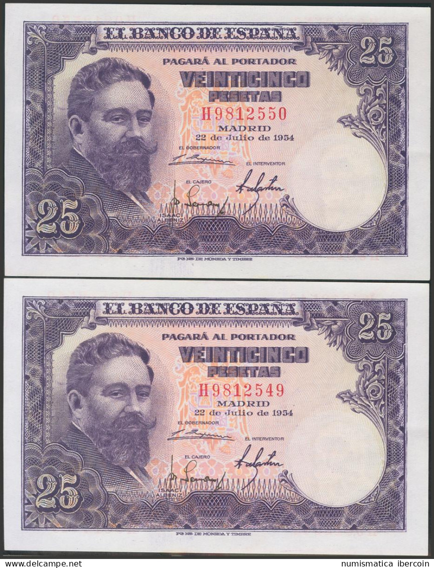 25 Pesetas. 22 De Julio De 1954. Pareja Correlativa. Serie H. (Edifil 2017: 467 - Other & Unclassified