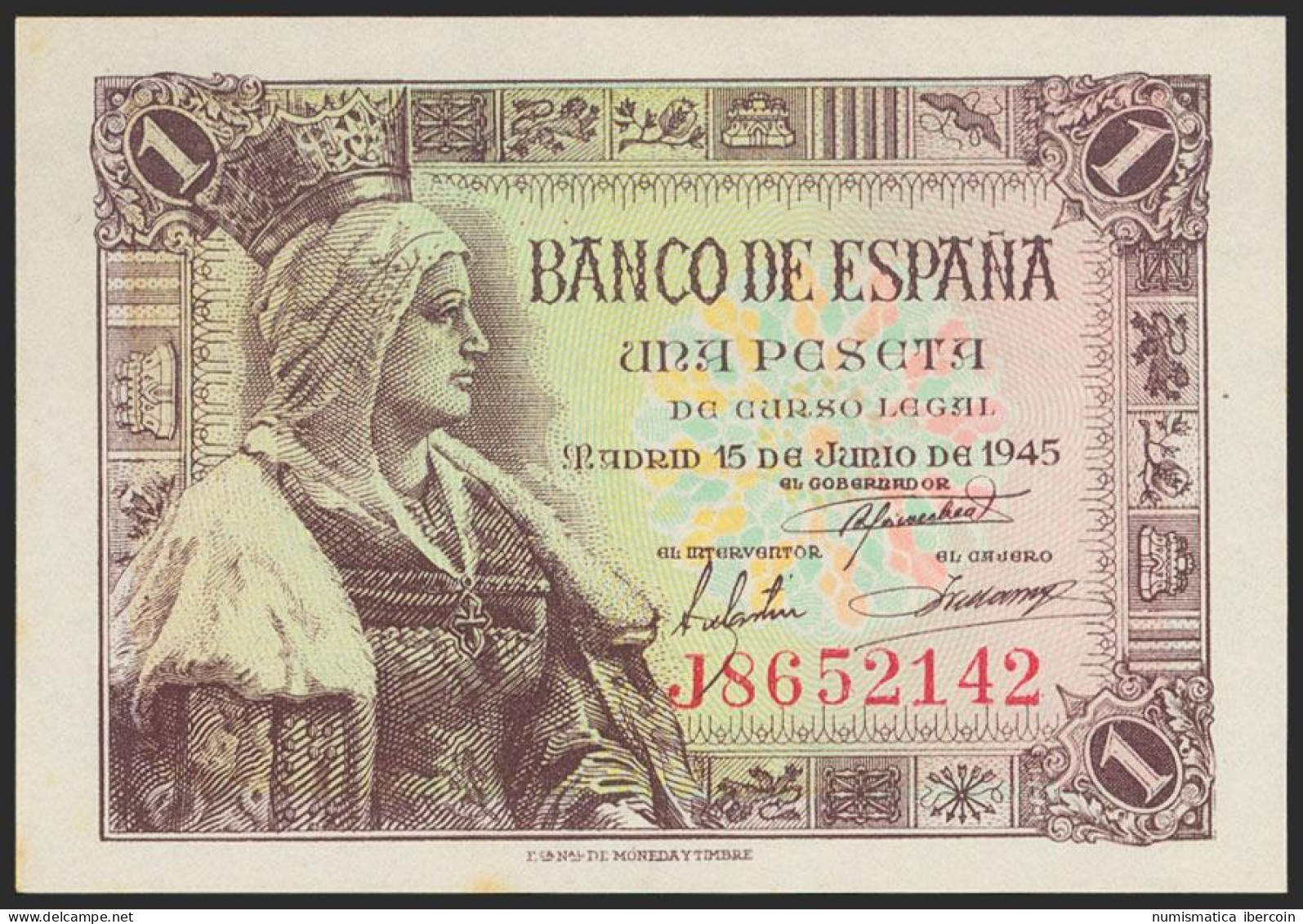 1 Peseta. 15 De Junio De 1945. Serie J. (Edifil 2021: 448a). Apresto Original Y - Other & Unclassified