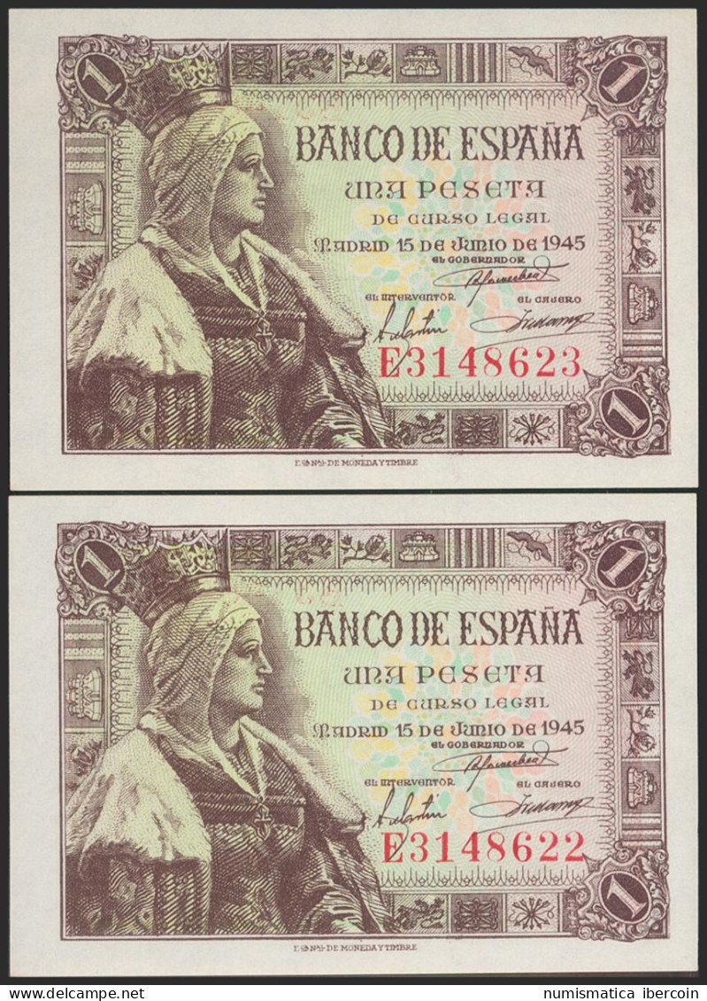 1 Peseta. 15 De Junio De 1945. Pareja Correlativa. Serie E. (Edifil 2021: 448a) - Other & Unclassified