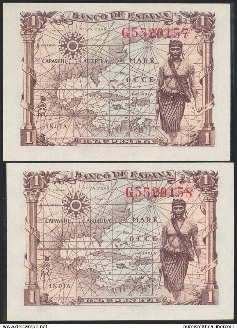 1 Peseta. 15 De Junio De 1945. Pareja Correlativa. Serie G. (Edifil 2021: 448a) - Other & Unclassified