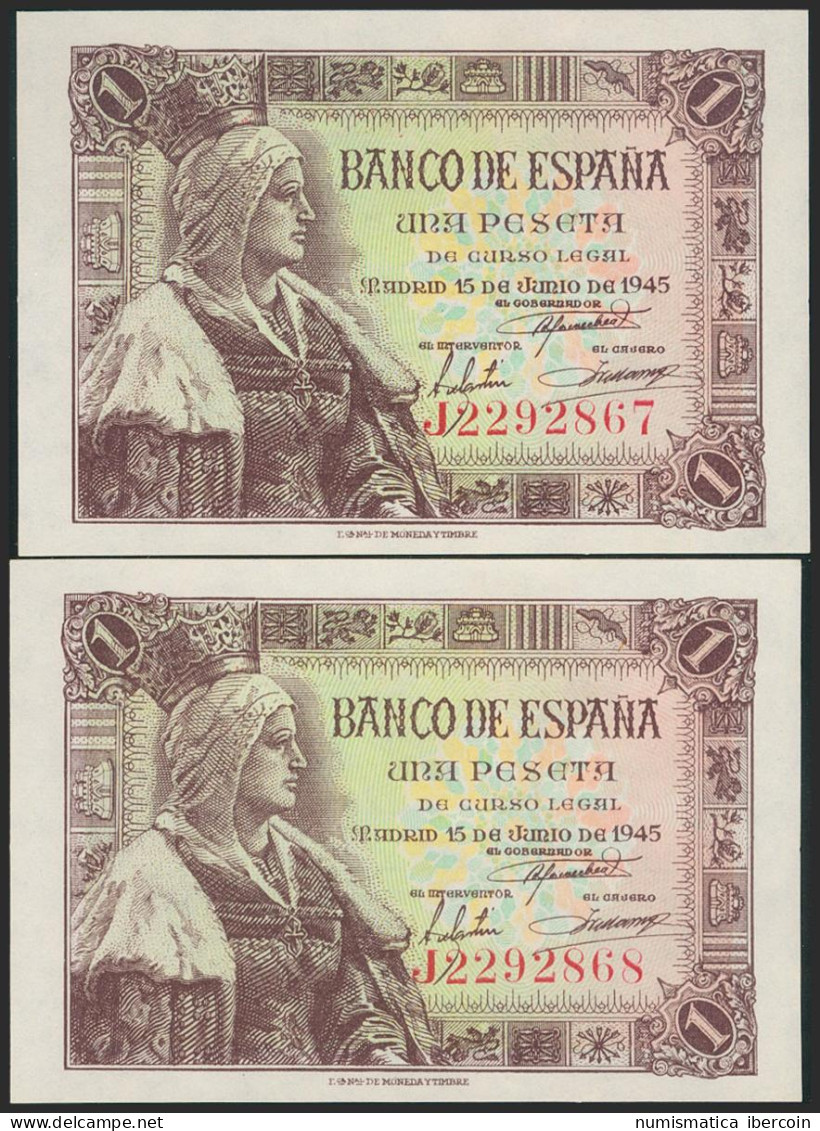 1 Peseta. 15 De Junio De 1945. Pareja Correlativa. Serie J. (Edifil 2021: 448a) - Other & Unclassified