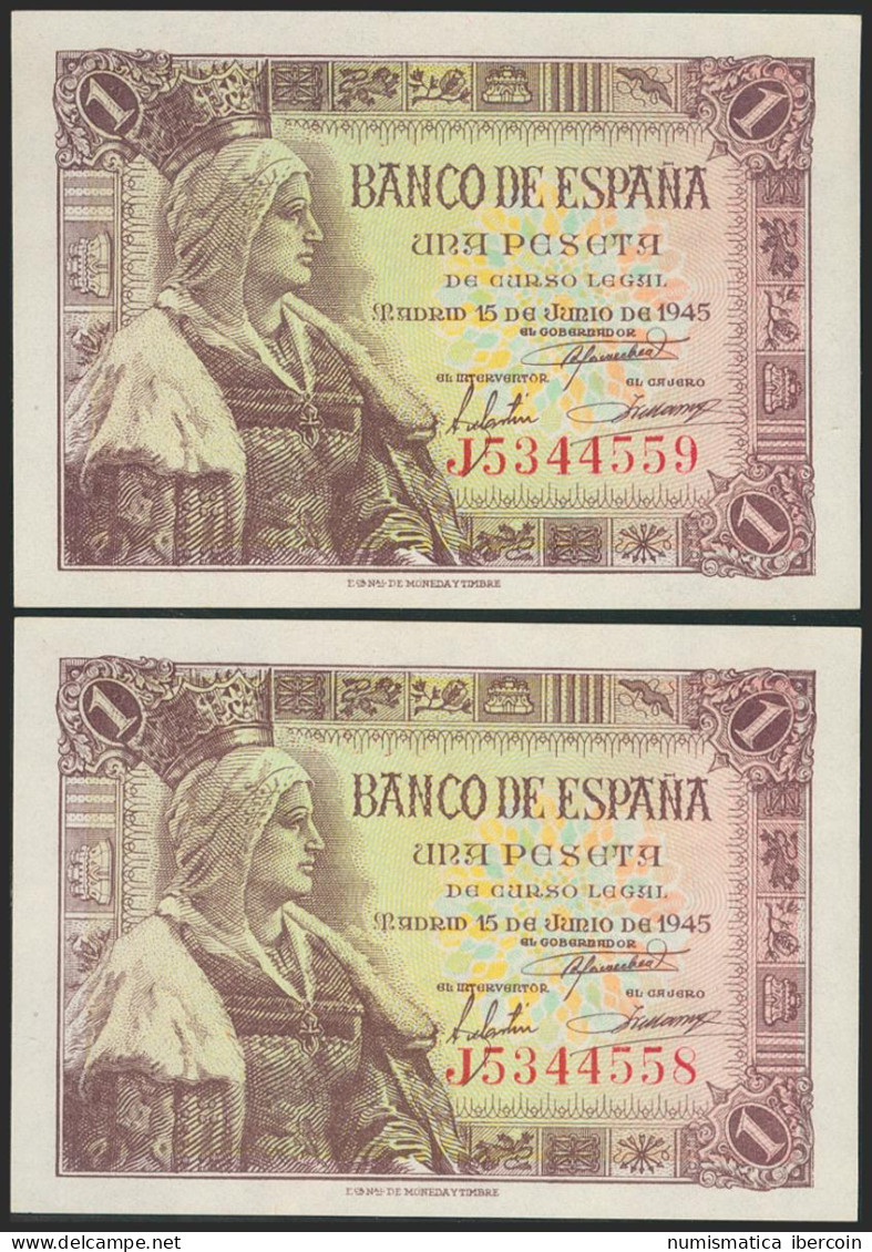 1 Peseta. 15 De Junio De 1945. Pareja Correlativa. Serie J. (Edifil 2021: 448a) - Other & Unclassified