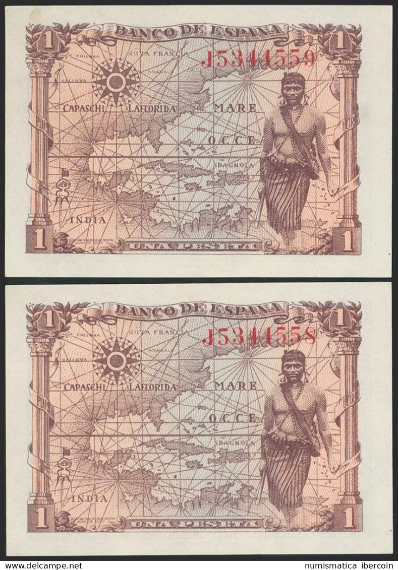 1 Peseta. 15 De Junio De 1945. Pareja Correlativa. Serie J. (Edifil 2021: 448a) - Other & Unclassified