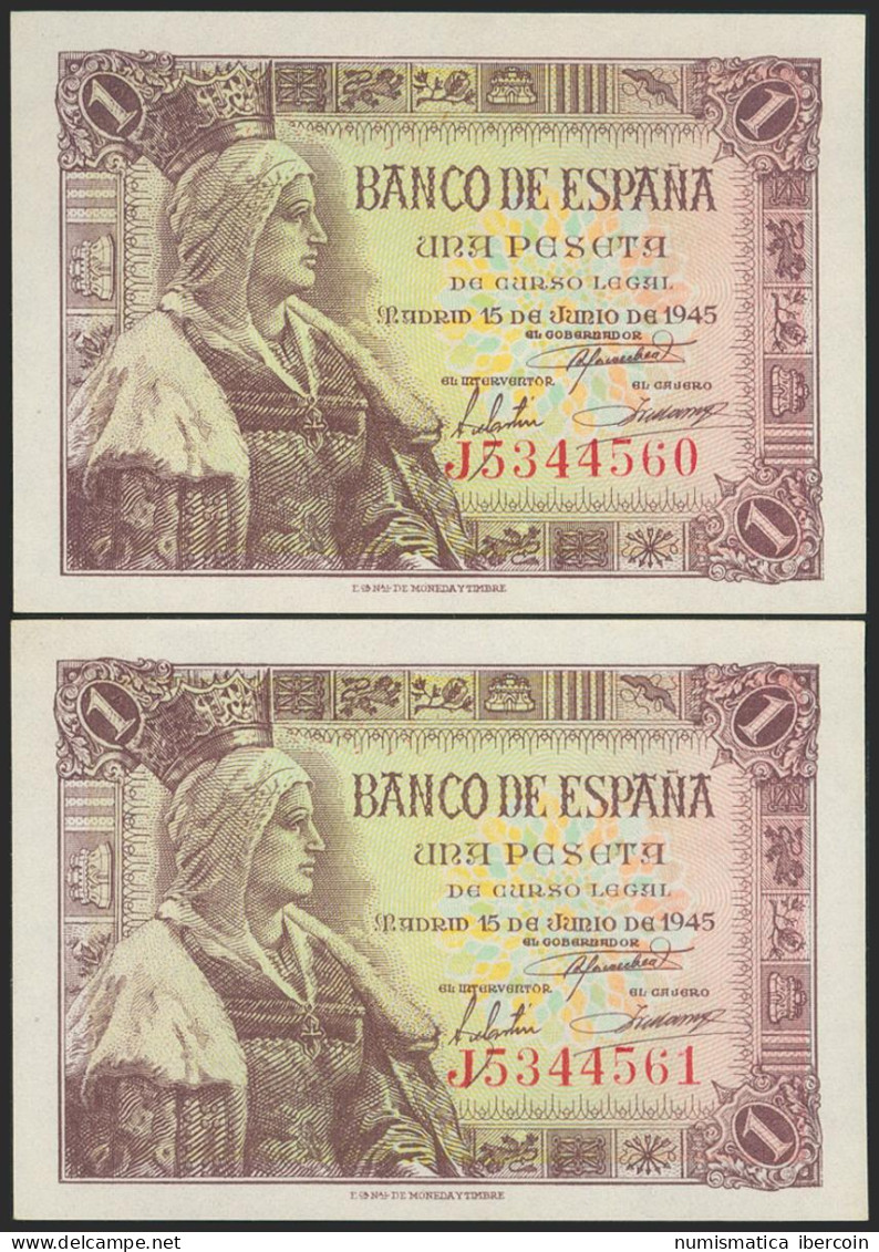 1 Peseta. 15 De Junio De 1945. Pareja Correlativa. Serie J. (Edifil 2021: 448a) - Other & Unclassified