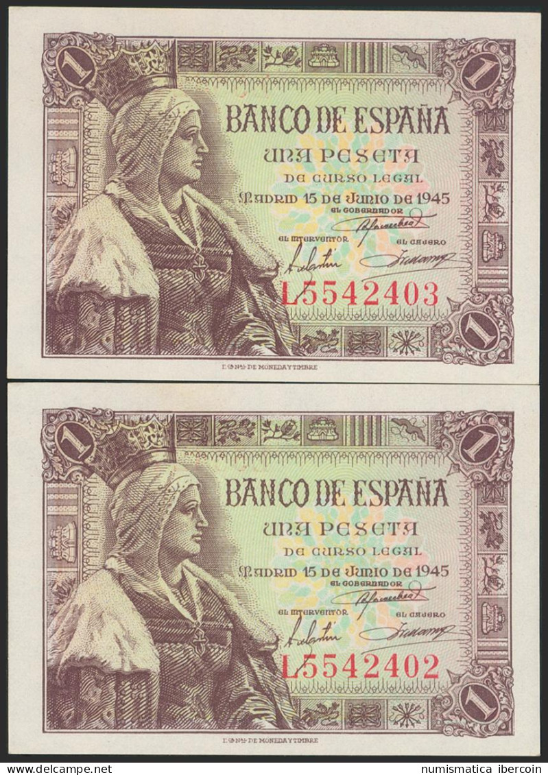 1 Peseta. 15 De Junio De 1945. Pareja Correlativa. Serie L. (Edifil 2021: 448a) - Other & Unclassified