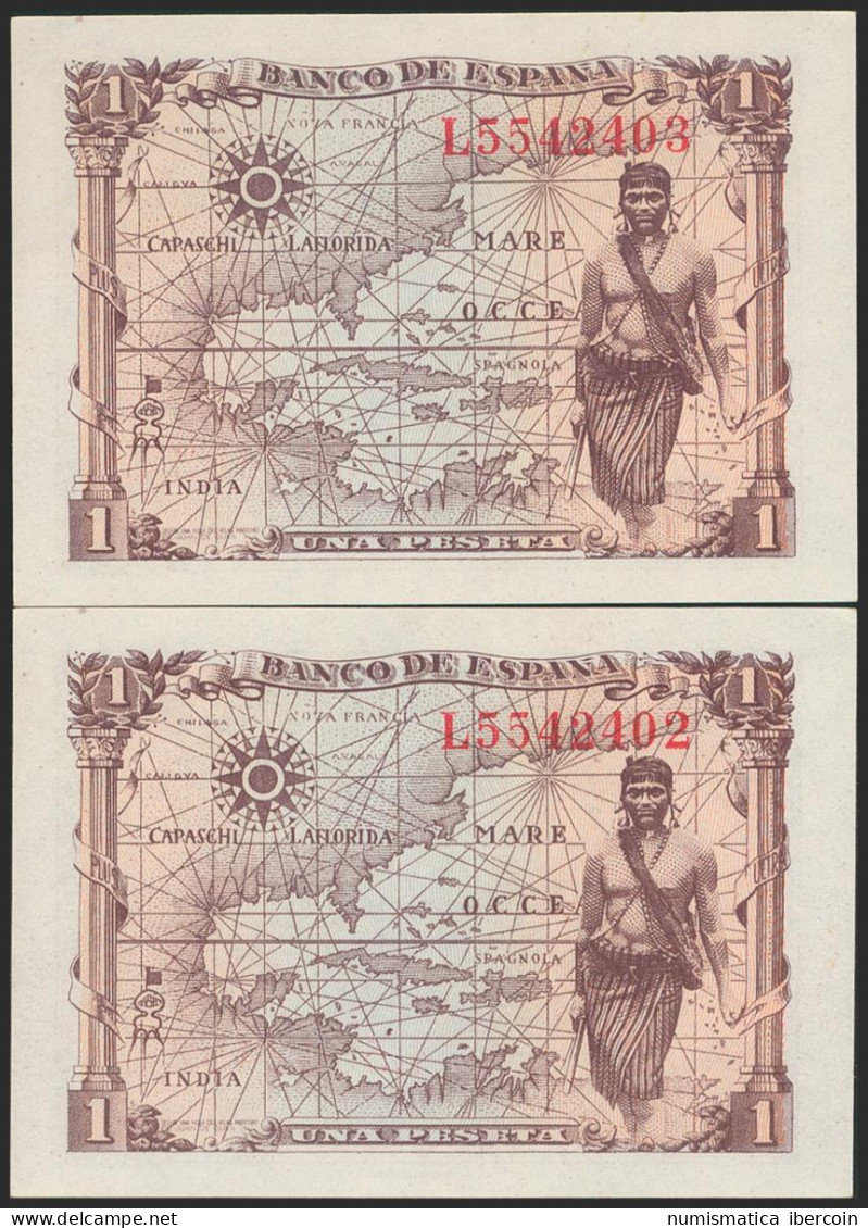 1 Peseta. 15 De Junio De 1945. Pareja Correlativa. Serie L. (Edifil 2021: 448a) - Other & Unclassified