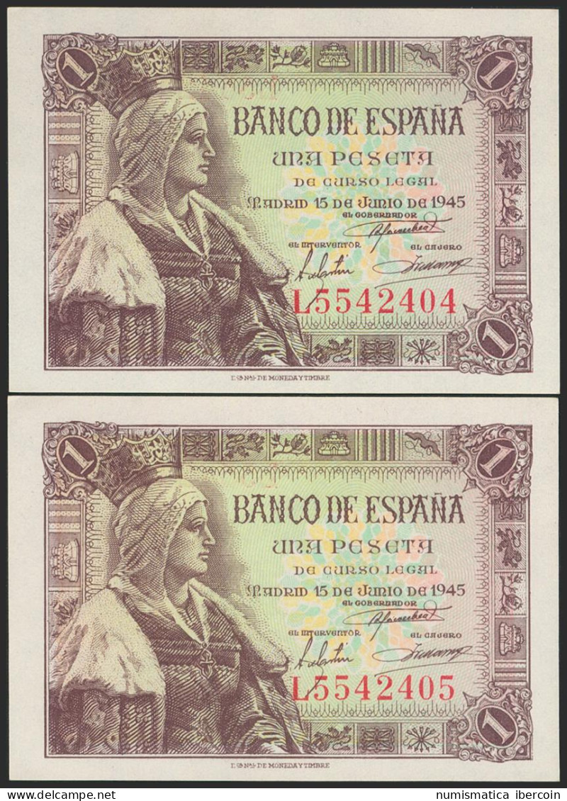 1 Peseta. 15 De Junio De 1945. Pareja Correlativa. Serie L. (Edifil 2021: 448a) - Other & Unclassified