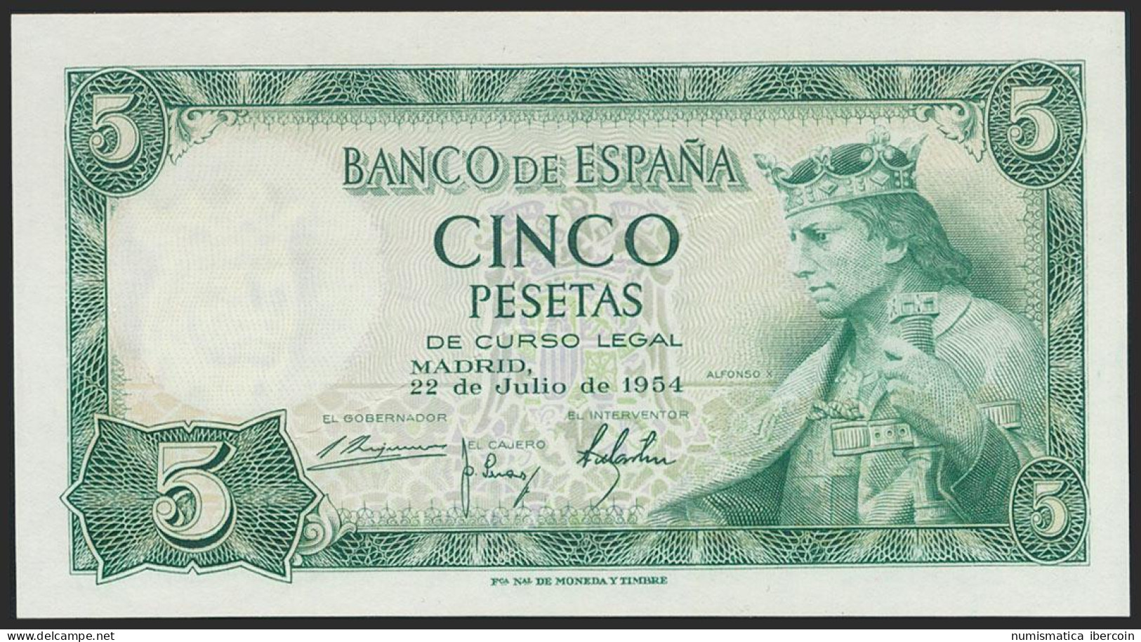 5 Pesetas. 22 De Julio De 1954. Sin Serie. (Edifil 2021: 466). Apresto Original - Other & Unclassified