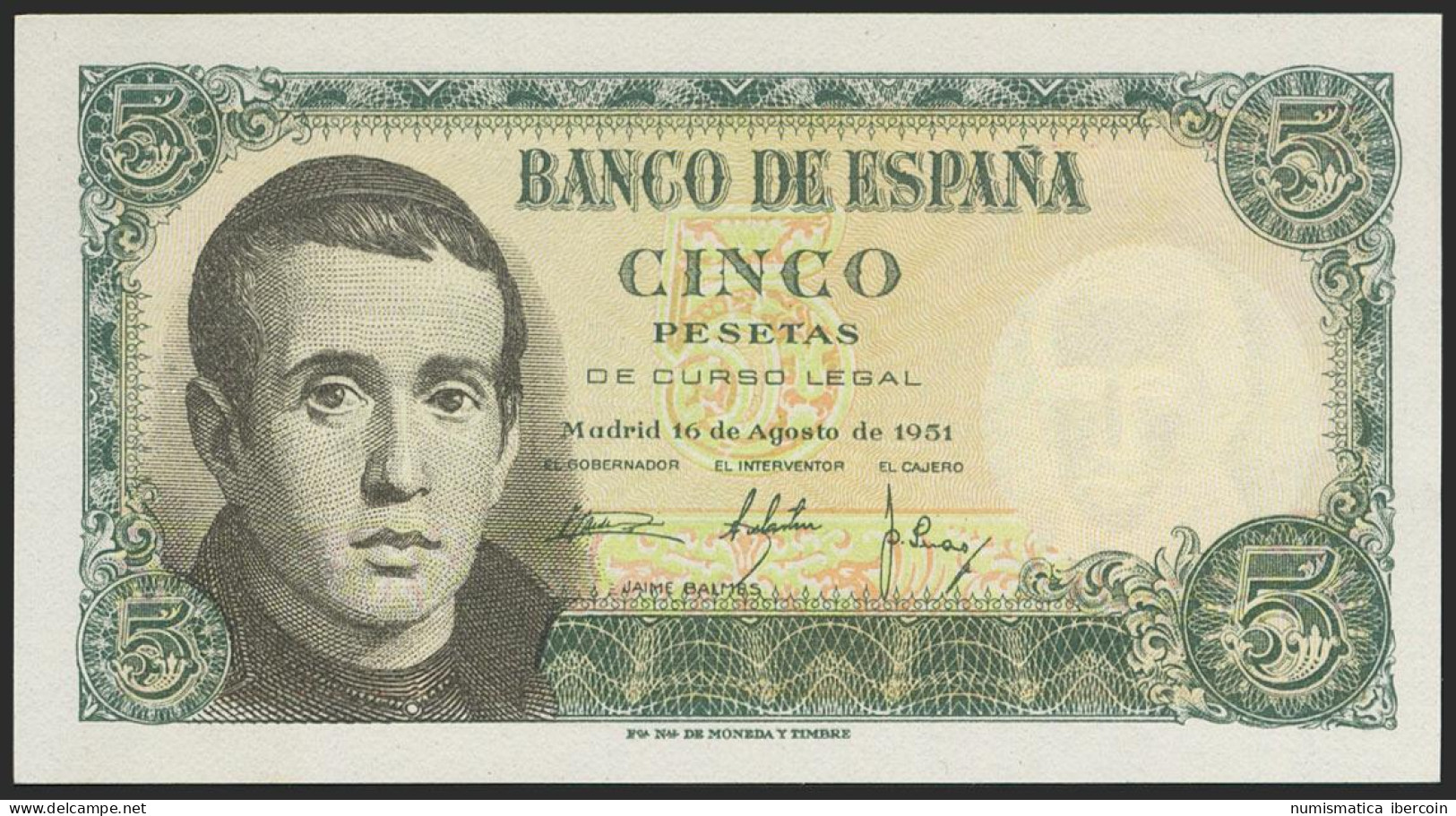 5 Pesetas. 16 De Agosto De 1951. Serie E. (Edifil 2021: 459a). Apresto Original - Other & Unclassified