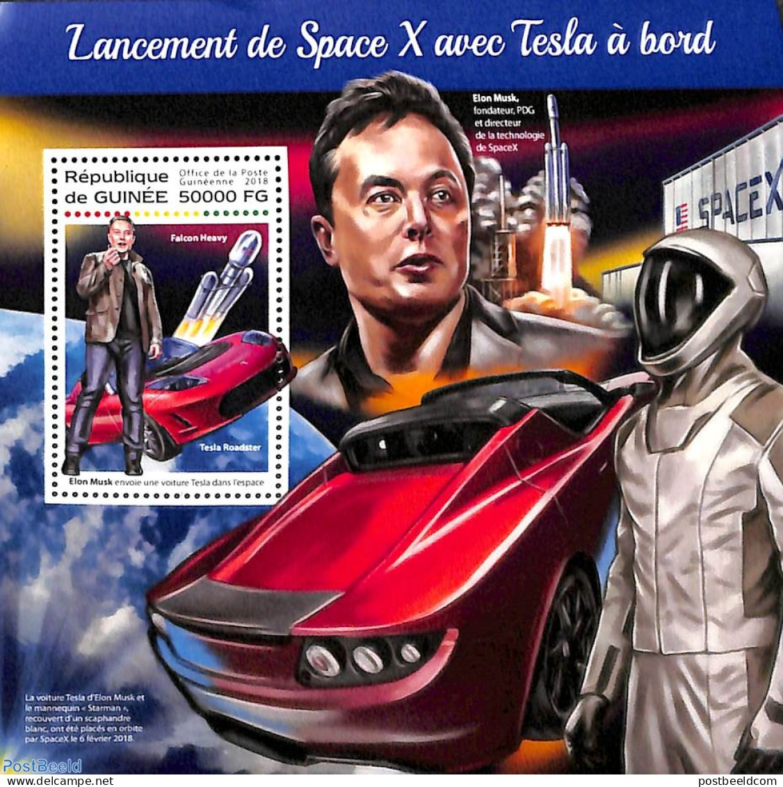 Guinea, Republic 2018 Space Flight With Tesla Car S/s, Mint NH, Transport - Automobiles - Space Exploration - Voitures