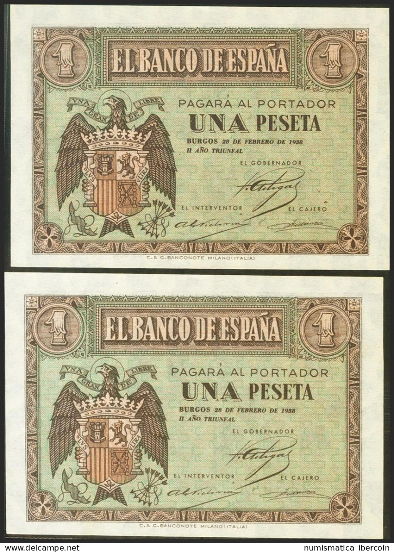 1 Peseta. 28 De Febrero De 1938. Pareja Correlativa. Serie E. (Edifil 2021: 427 - Autres & Non Classés