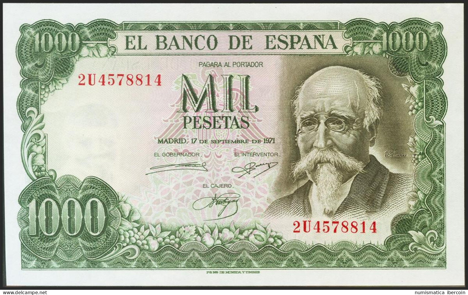 1000 Pesetas. 17 De Septiembre De 1971. Serie 2U. (Edifil 2021: 474c). Apresto  - Autres & Non Classés