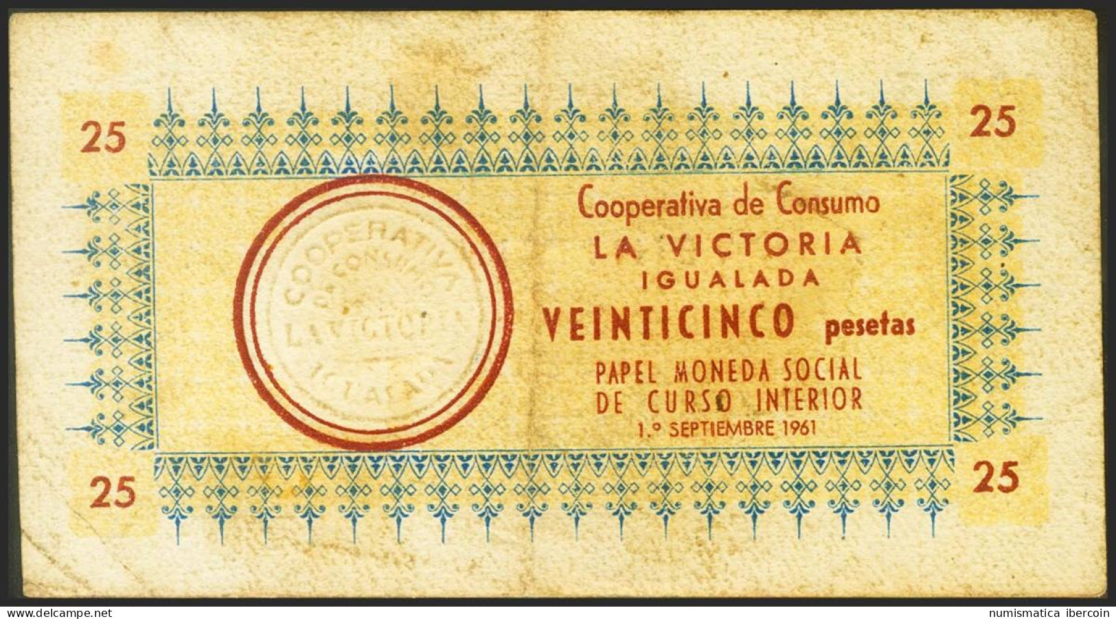 IGUALADA (BARCELONA). 25 Pesetas. 1 De Septiembre De 1961. Cooperativa De Consu - Autres & Non Classés