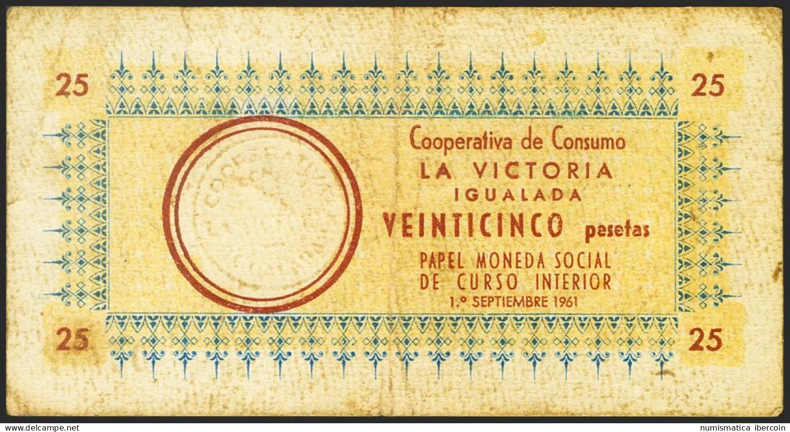 IGUALADA (BARCELONA). 25 Pesetas. 1 De Septiembre De 1961. Cooperativa De Consu - Andere & Zonder Classificatie