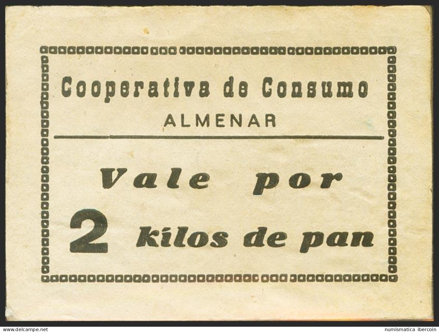 ALMENAR (LERIDA). 2 Kilos De Pan. (1936ca). Cooperativa De Consumo. EBC+. - Autres & Non Classés