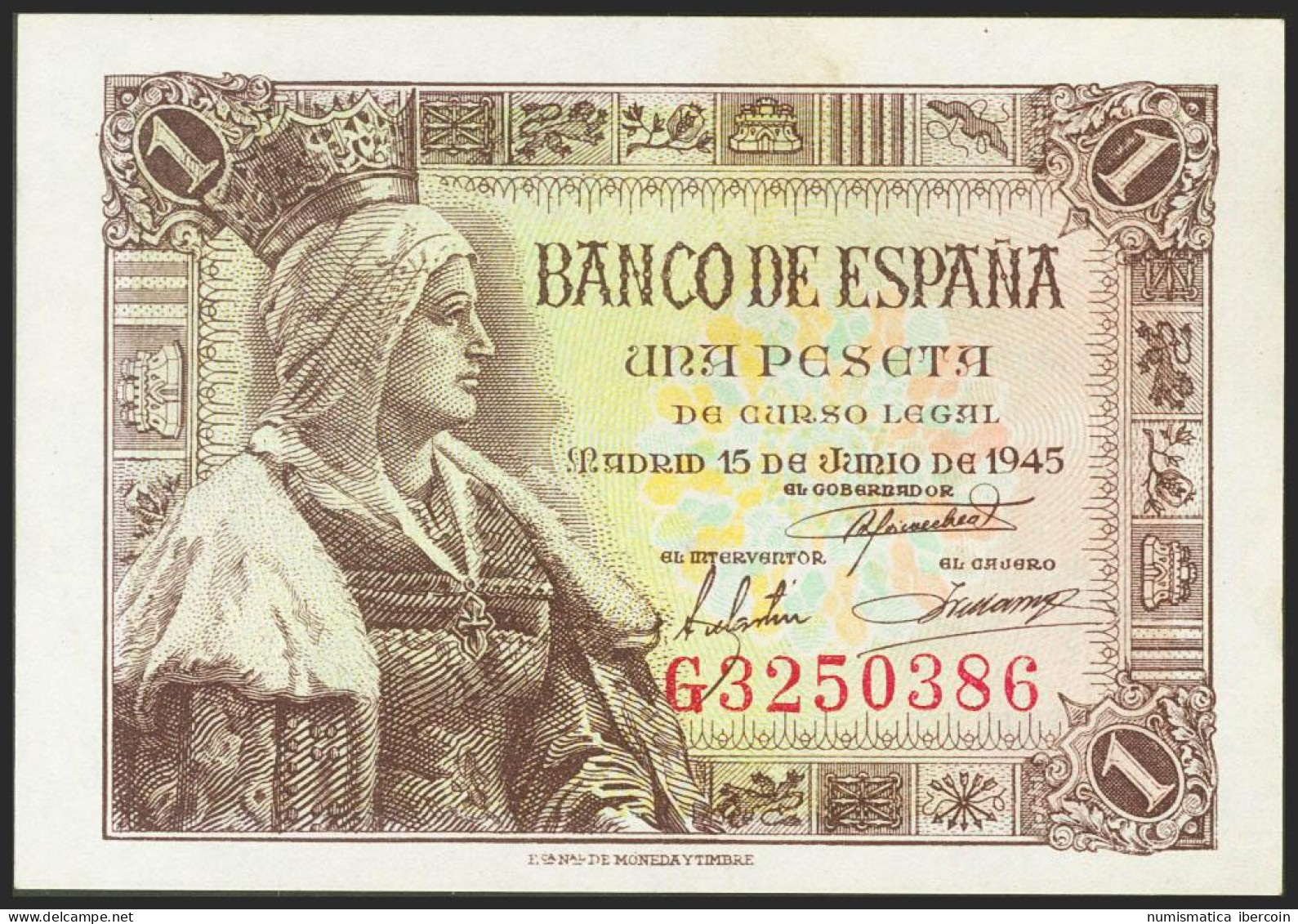 1 Peseta. 15 De Junio De 1945. Serie G. (Edifil 2021: 448a). Apresto Original.  - Otros & Sin Clasificación