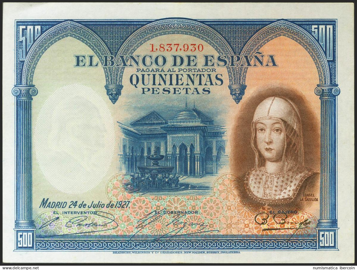 500 Pesetas. 24 De Julio De 1927. Sin Serie Y Numeración Posterior A 1602000. ( - Otros & Sin Clasificación