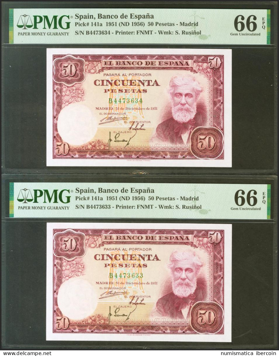 50 Pesetas. 31 De Diciembre De 1951. Pareja Correlativa. Serie B. (EDifil 2021: - Autres & Non Classés