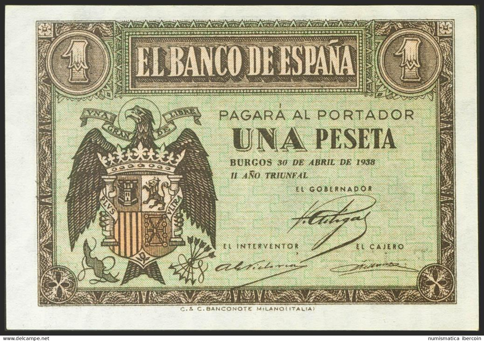 1 Peseta. 30 De Abril De 1938. Serie F. (Edifil 2021: 428a). Apresto Original.  - Otros & Sin Clasificación