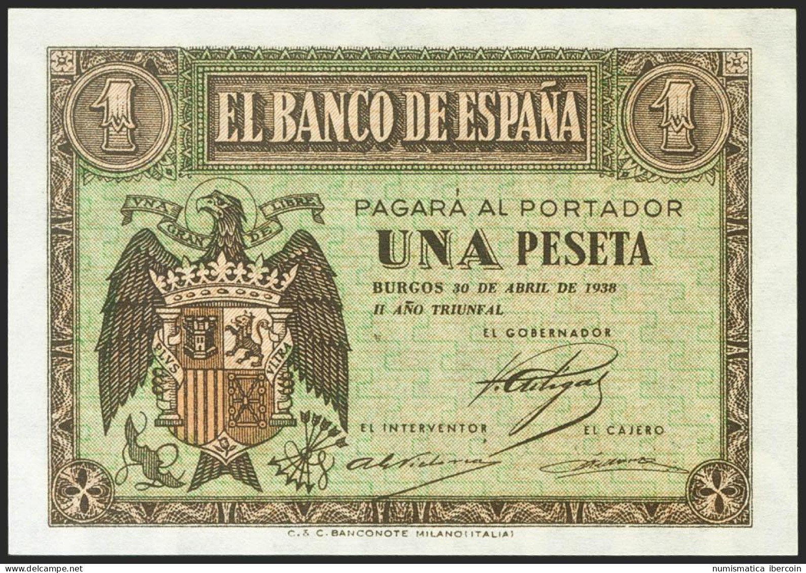 1 Peseta. 30 De Abril De 1938. Serie H. (Edifil 2021: 428a). Apresto Original.  - Otros & Sin Clasificación