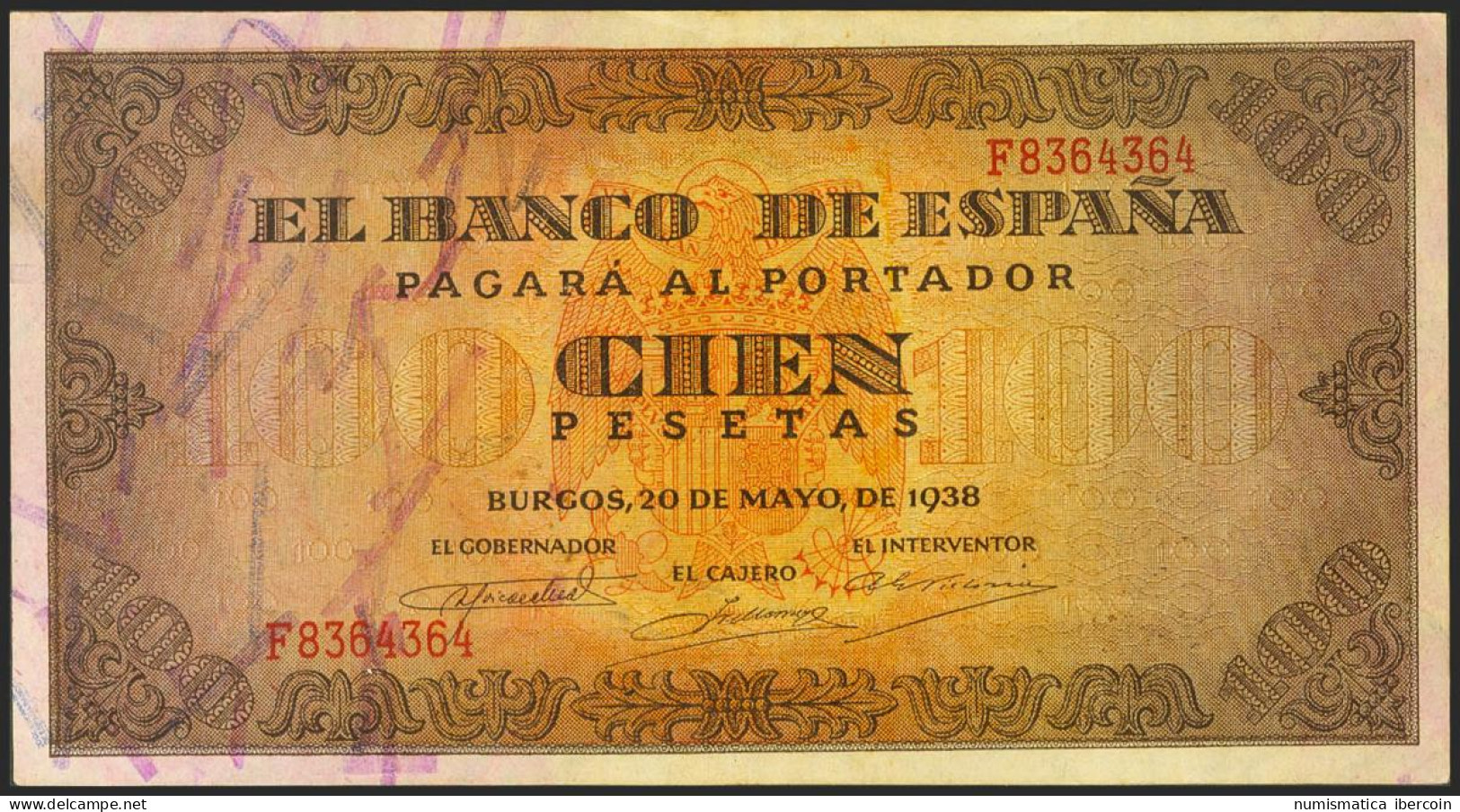 100 Pesetas. 20 De Mayo De 1938. Serie F. (Edifil 2021: 432a). Conserva Gran Pa - Otros & Sin Clasificación