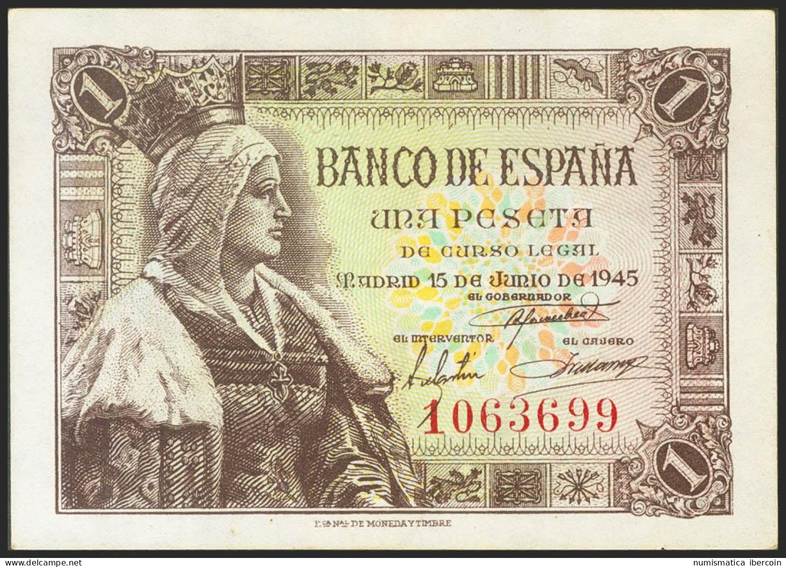 1 Peseta. 15 De Junio De 1945. Sin Serie. (Edifil 2021: 448). Apresto Original. - Autres & Non Classés