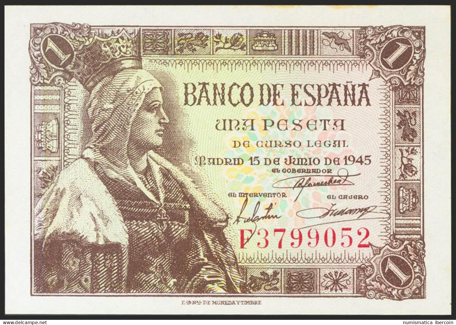 1 Peseta. 15 De Junio De 1945. Serie F. (Edifil 2021: 448a). Apresto Original.  - Andere & Zonder Classificatie