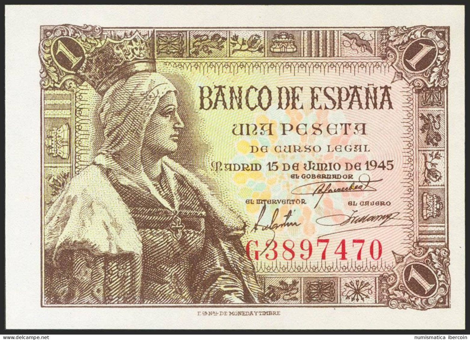 1 Peseta. 15 De Junio De 1945. Serie G. (Edifil 2021: 448a). Apresto Original.  - Other & Unclassified