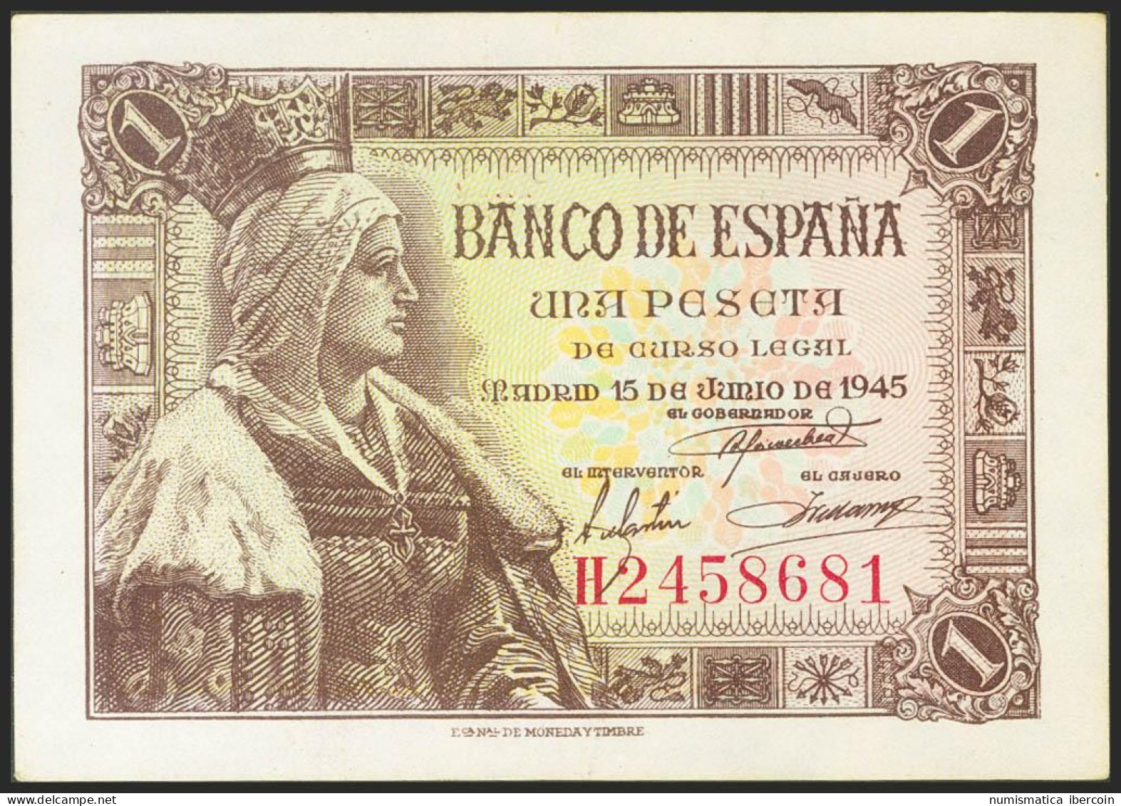 1 Peseta. 15 De Junio De 1945. Serie H. (Edifil 2021: 448a). Apresto Original.  - Otros & Sin Clasificación