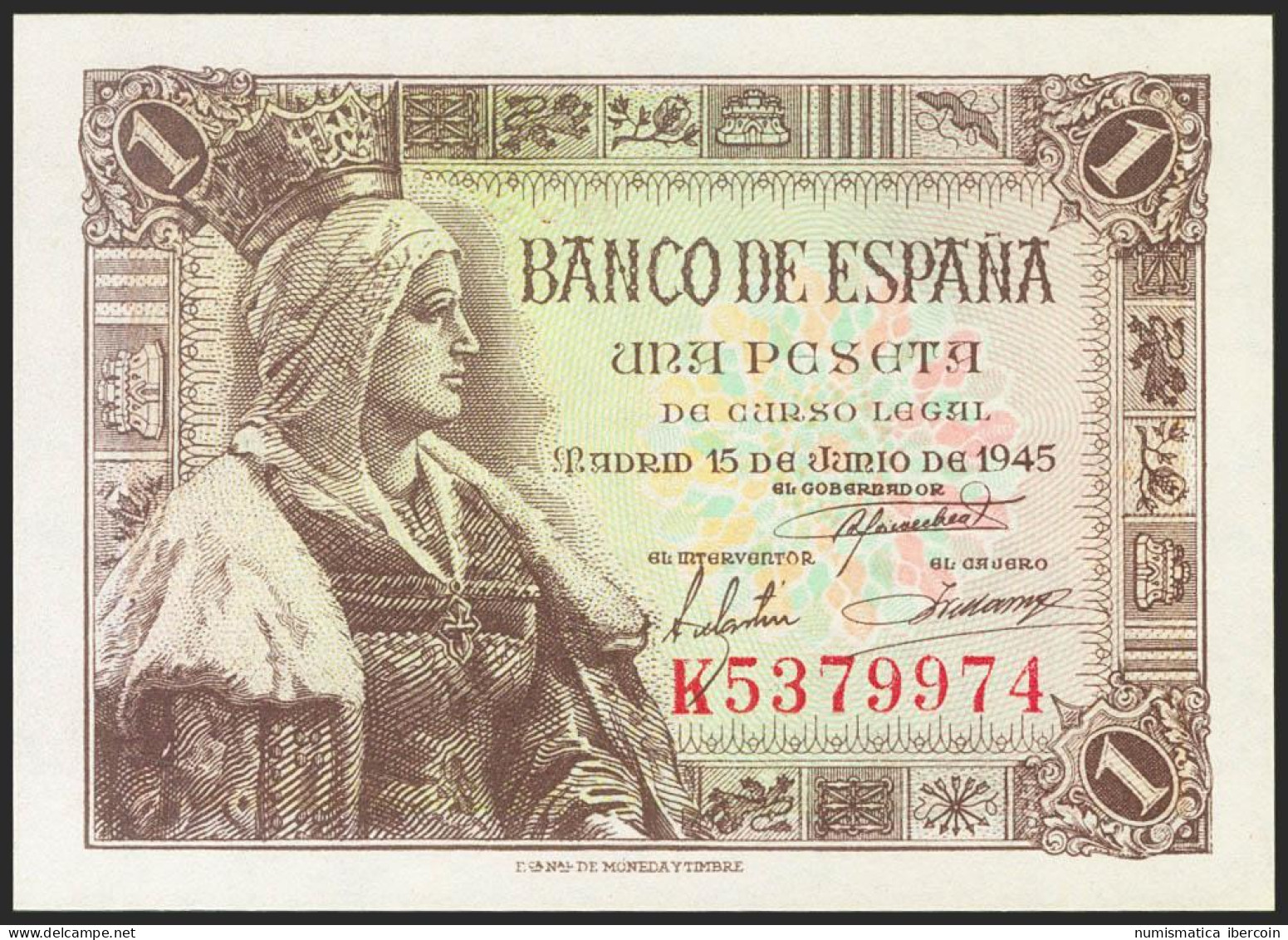 1 Peseta. 15 De Junio De 1945. Serie K. (Edifil 2021: 448a). Apresto Original.  - Otros & Sin Clasificación