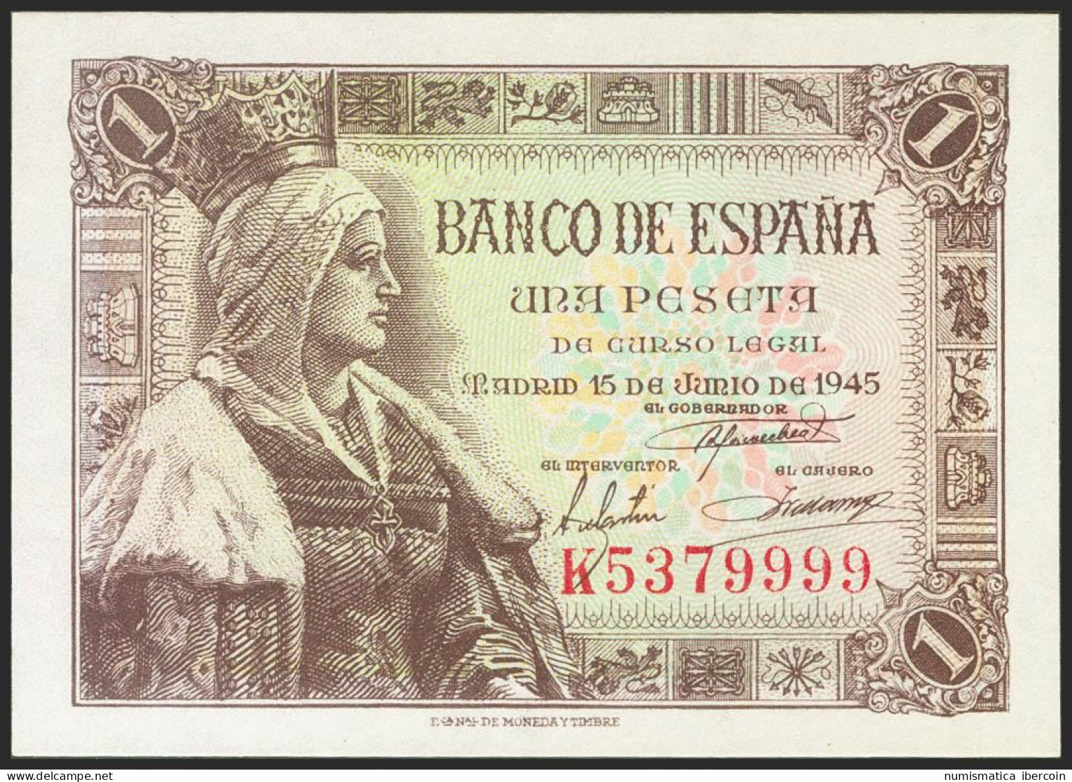 1 Peseta. 15 De Junio De 1945. Serie K. (Edifil 2021: 448a). Apresto Original.  - Otros & Sin Clasificación