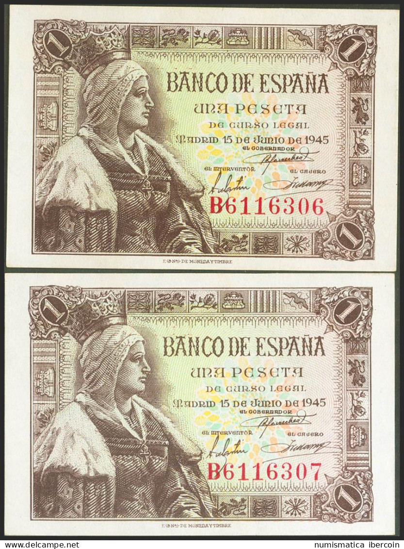 1 Peseta. 15 De Junio De 1945. Pareja Correlativa. Serie B. (Edifil 2021: 448a) - Sonstige & Ohne Zuordnung