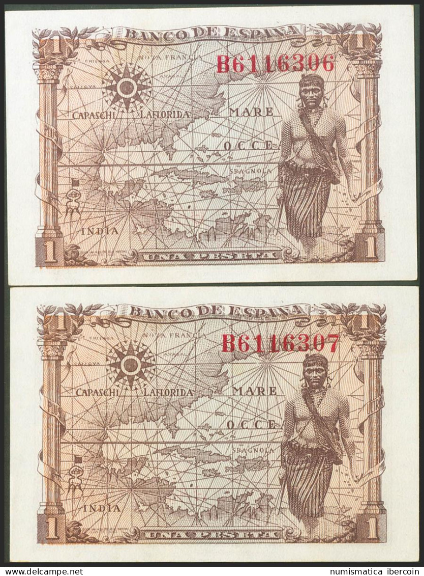 1 Peseta. 15 De Junio De 1945. Pareja Correlativa. Serie B. (Edifil 2021: 448a) - Altri & Non Classificati