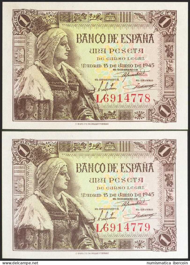 1 Peseta. 15 De Junio De 1945. Pareja Correlativa. Serie L. (Edifil 2021: 448a) - Sonstige & Ohne Zuordnung