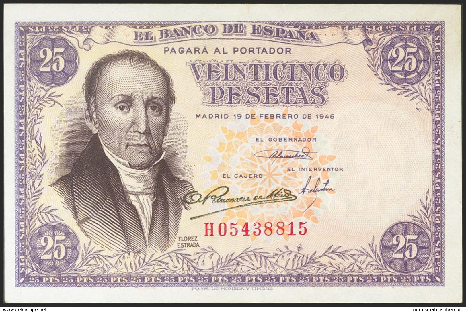 25 Pesetas. 19 De Febrero De 1946. Serie H. (Edifil 2021: 450a). Apresto Origin - Otros & Sin Clasificación