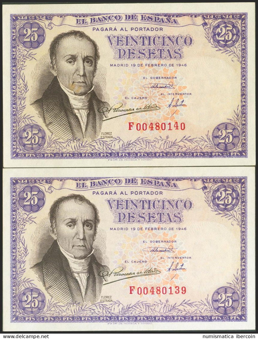 25 Pesetas. 19 De Febrero De 1946. Pareja Correlativa, Serie F. (Edifil 2021: 4 - Otros & Sin Clasificación