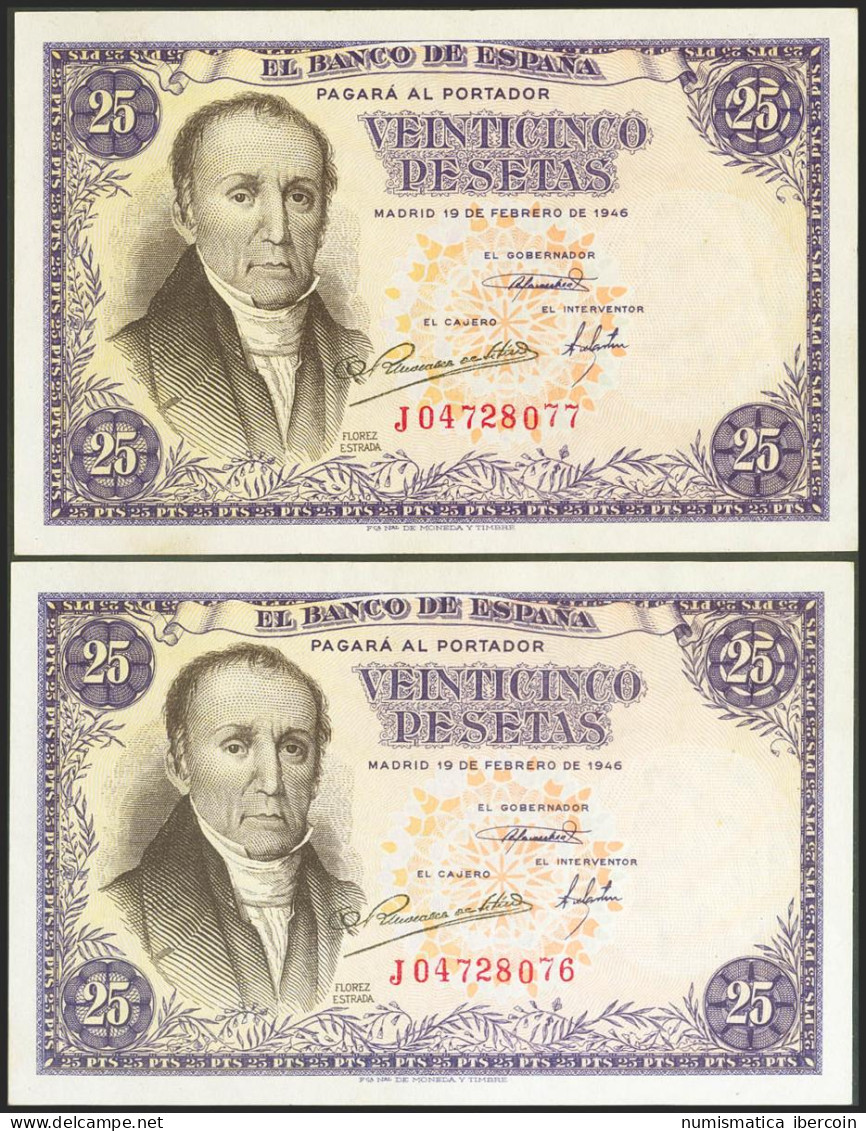 25 Pesetas. 19 De Febrero De 1946. Pareja Correlativa, Serie J. (Edifil 2021: 4 - Autres & Non Classés