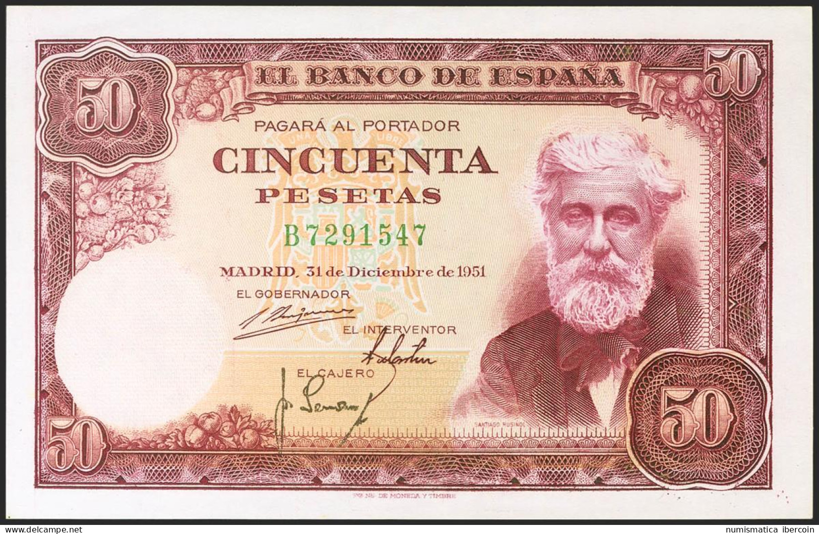 50 Pesetas. 31 De Diciembre De 1951. Serie B. (Edifil 2021: 462a). Apresto Orig - Otros & Sin Clasificación