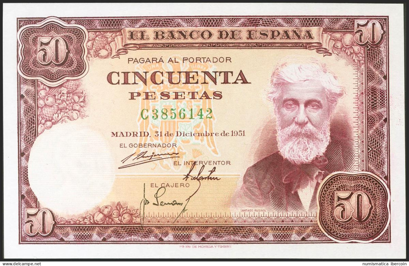 50 Pesetas. 31 De Diciembre De 1951. Serie C. (Edifil 2021: 462a). Apresto Orig - Autres & Non Classés