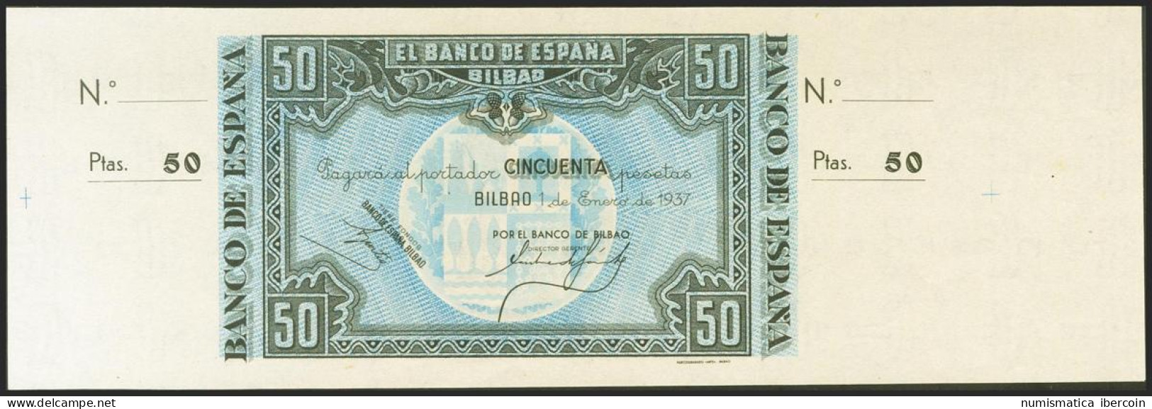 50 Pesetas. 1 De Enero De 1937. Sucursal De Bilbao, Antefirma Banco De Bilbao.  - Otros & Sin Clasificación
