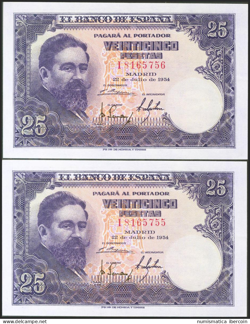 25 Pesetas. 22 De Julio De 1954. Pareja Correlativa. Serie I. (Edifil 2021: 467 - Altri & Non Classificati