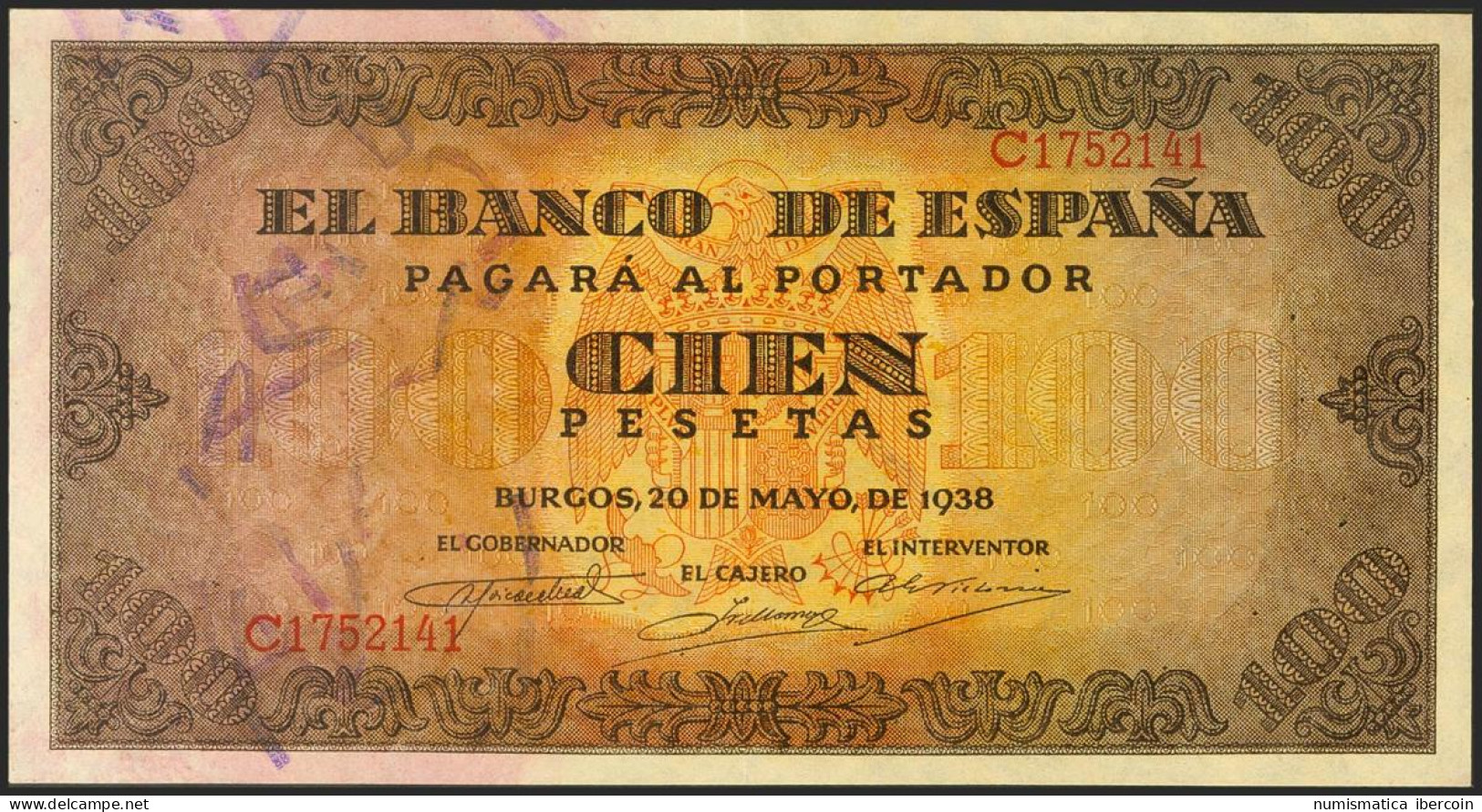 100 Pesetas. 20 De Mayo De 1938. Serie C. (Edifil 2021: 432a). Conserva Gran Pa - Otros & Sin Clasificación