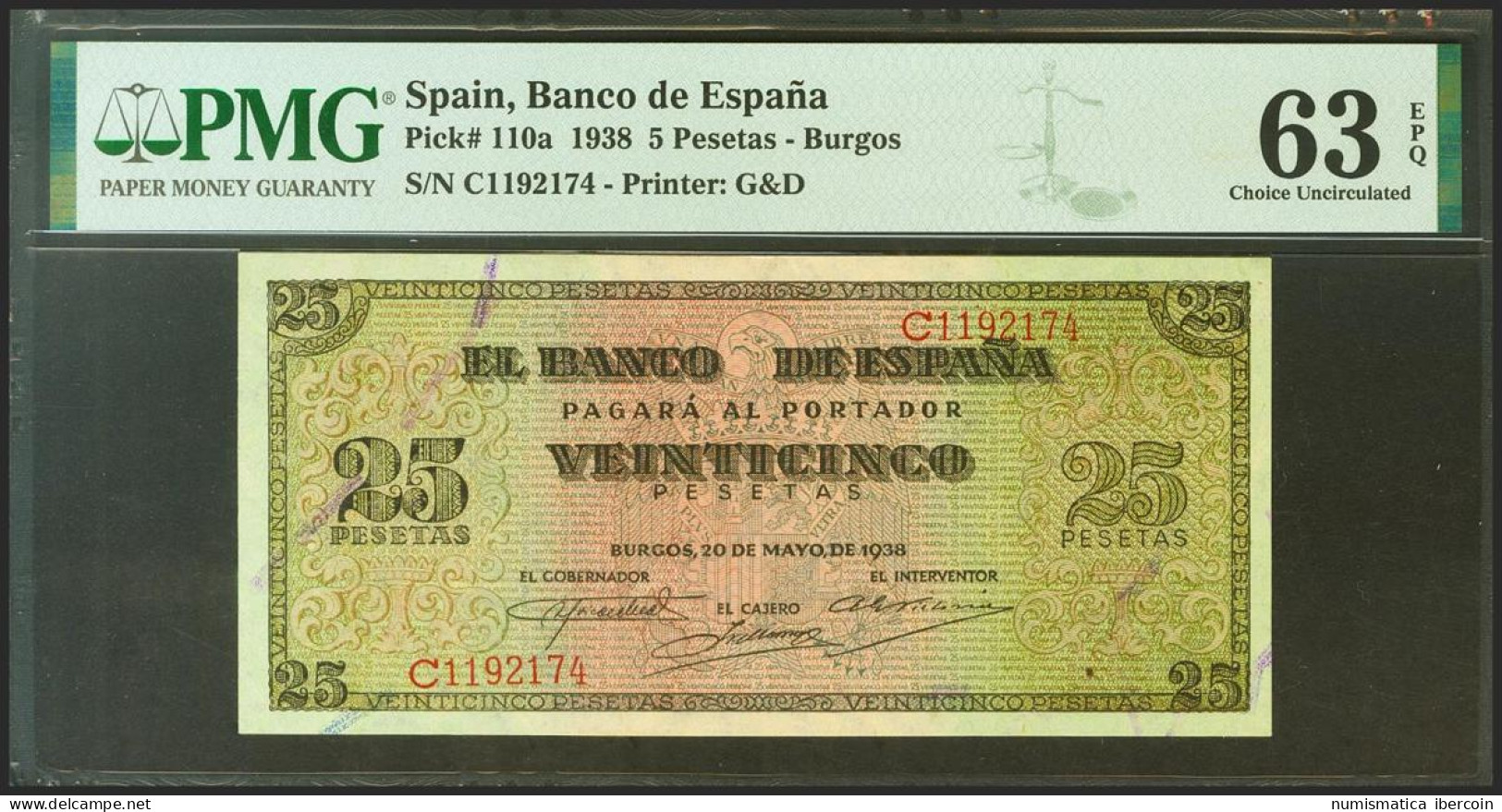 25 Pesetas. 20 De Mayo De 1938. Serie C. (Edifil 2021: 430a, Pick: 110a). Apres - Sonstige & Ohne Zuordnung