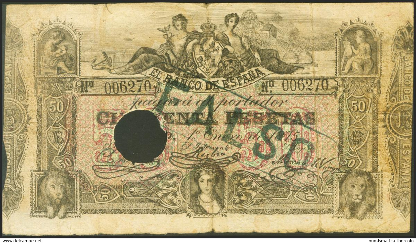 50 Pesetas. 1 De Enero De 1875. Falso De época Y Marca FALSO. Sin Serie. (Edifi - Other & Unclassified